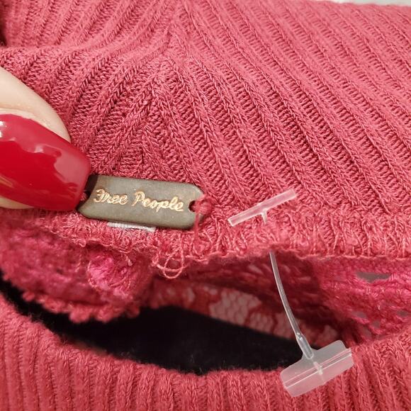 Free People Top Medium Red Thermal Waffle Knit Whimsygoth Vampire Lace Romantic - Picture 5 of 7